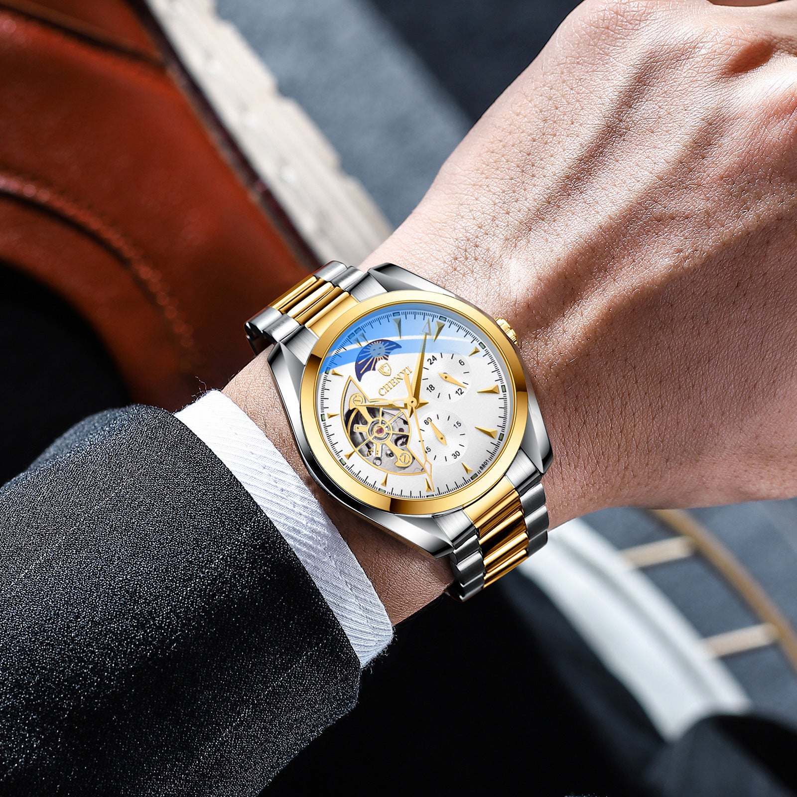 Watch Men&#039;s Mechanical Watch Waterproof TikTok Popular Sun Moon Star Automatic Hollow Watch Men&#039;s Mechanical Watch